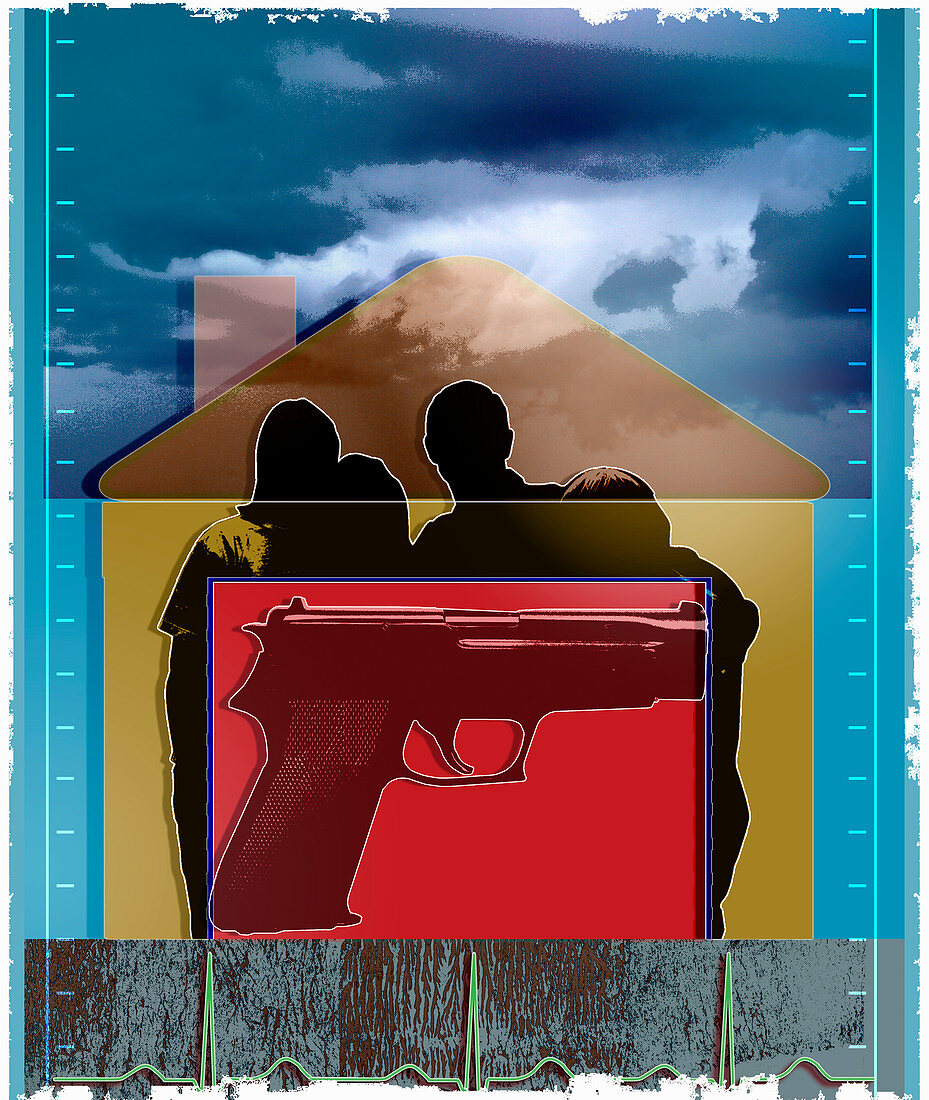 Gun over silhouette of family in house, illustration