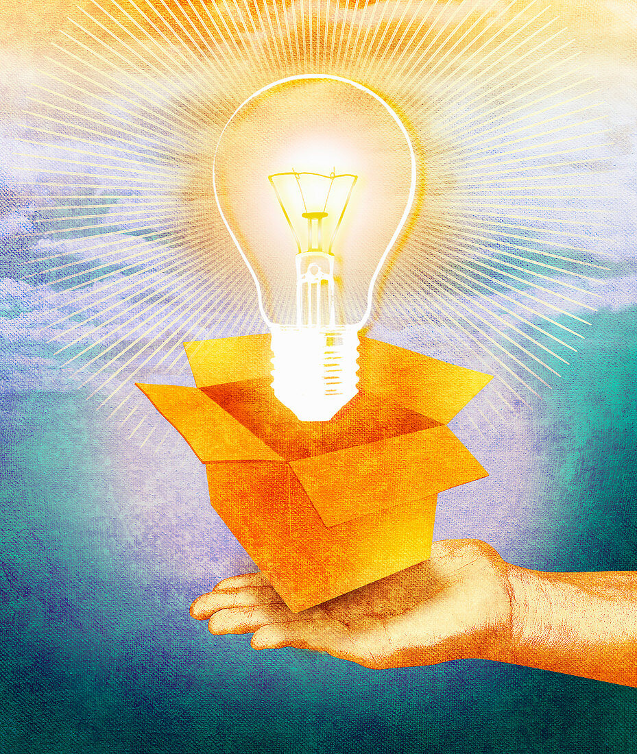 Hand holding open box with bulb, illustration