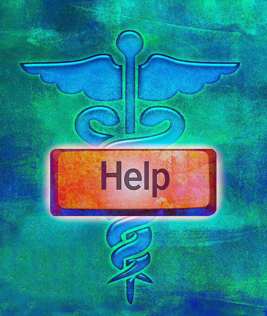 Caduceus with red help button, illustration