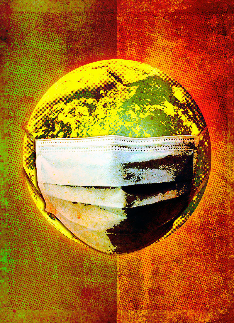 Face mask over planet earth, illustration