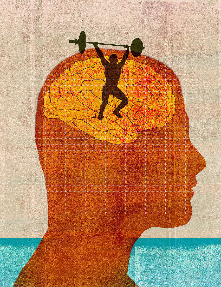 Strongman lifting barbell inside man's brain, illustration