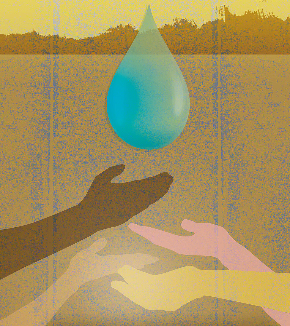 Hands reaching for water drop, illustration