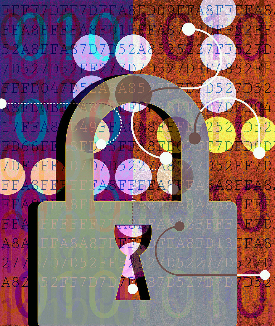 Computer coding and locked padlock, illustration