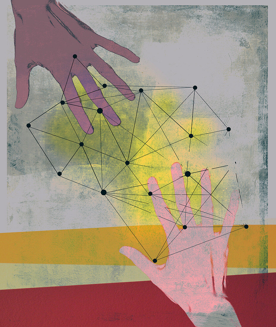 Network pattern connecting hands reaching out, illustration