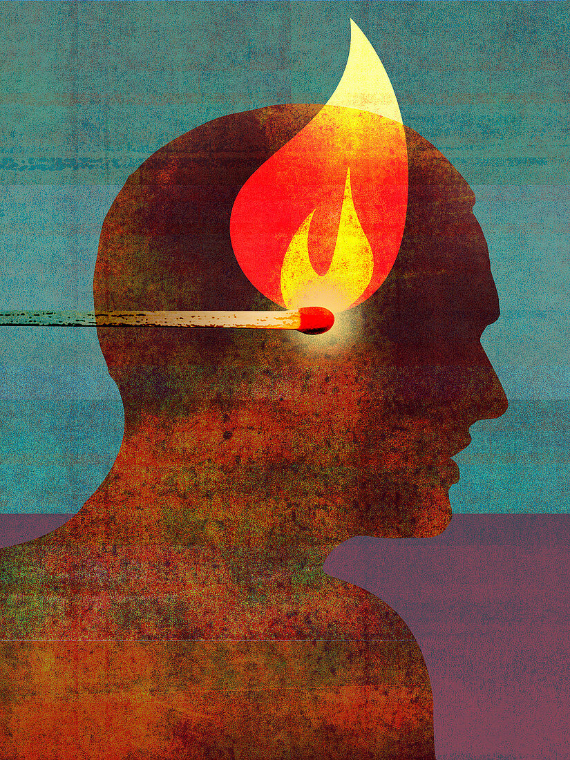 Man with burning match inside of head, illustration