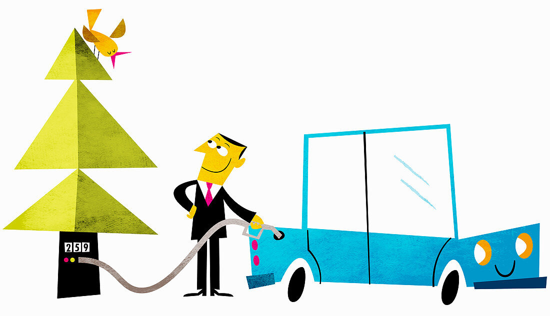 Happy businessman filling car with biofuel, illustration