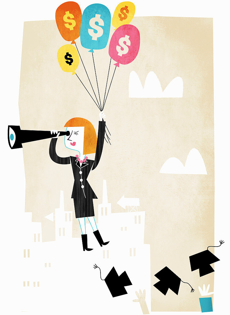 Graduate student rising in mid-air, illustration