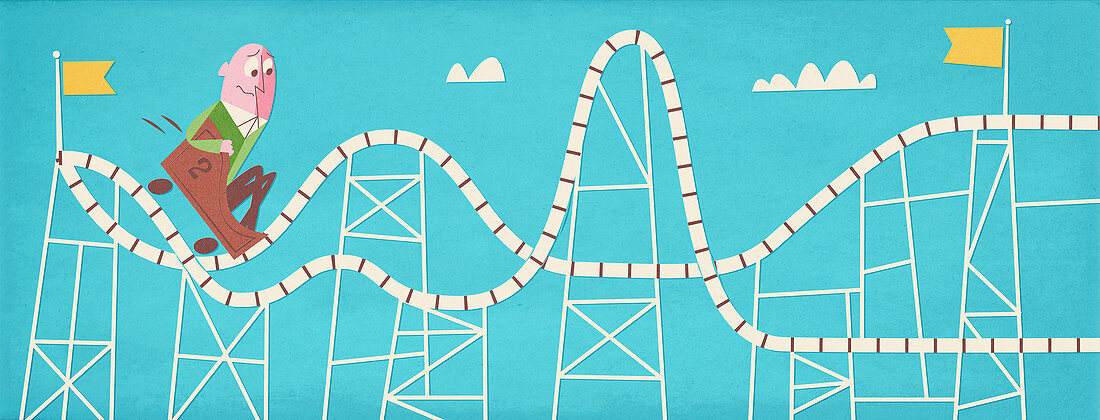 Nervous man on rollercoaster, illustration