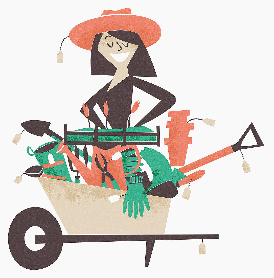 Woman shopping for gardening equipment, illustration