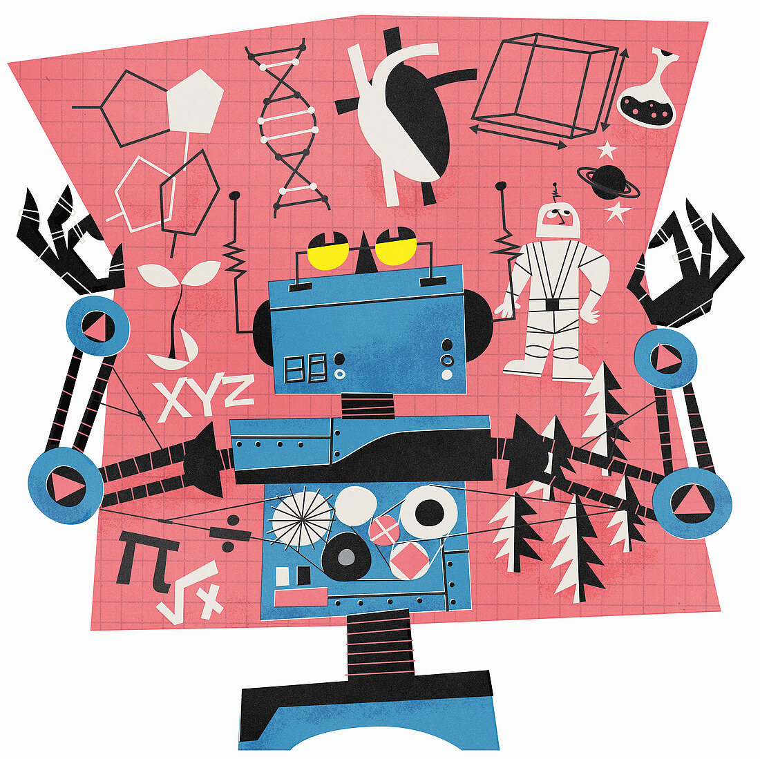 Robot reading chart about science and nature, illustration