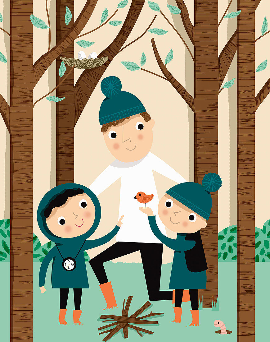 Father and children enjoying nature in woods, illustration