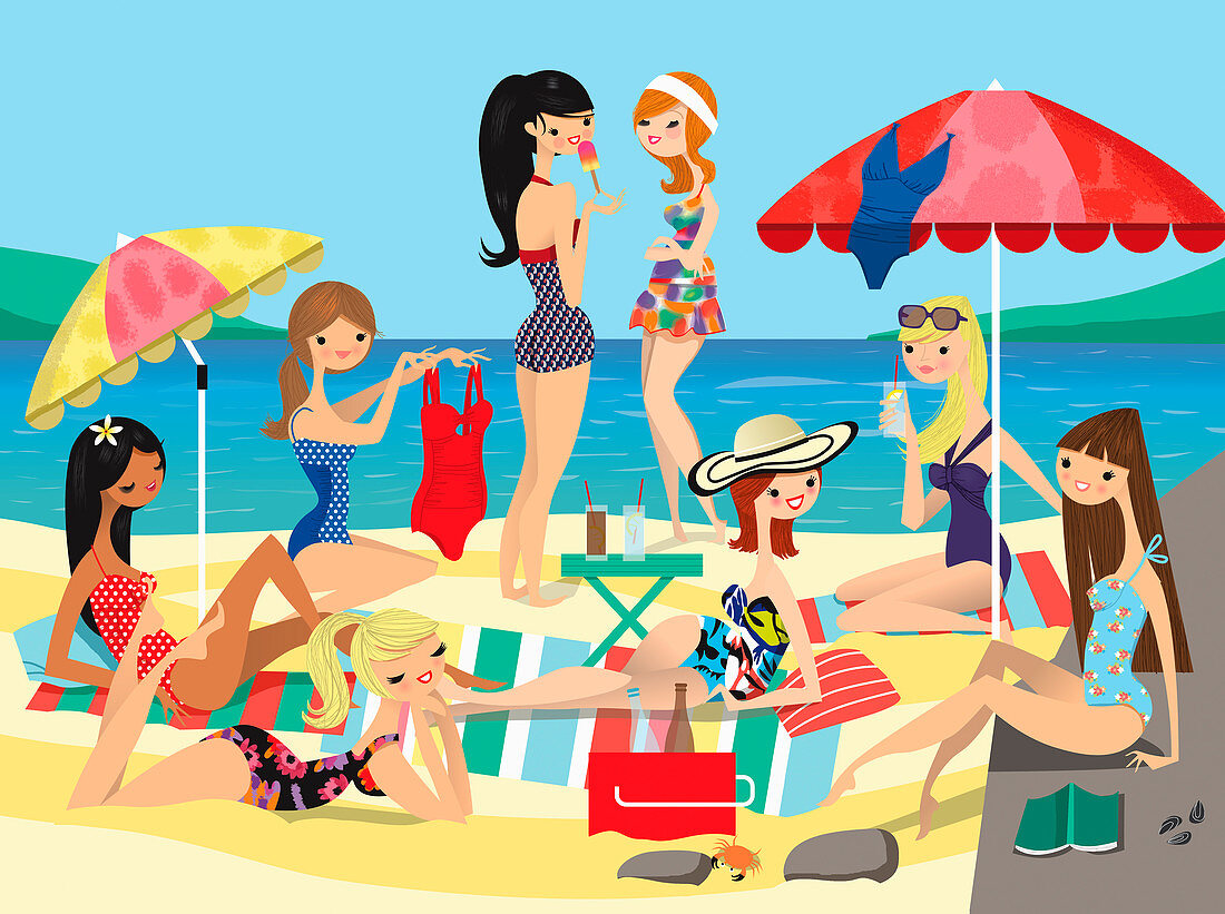 Group of young women friends relaxing on beach, illustration