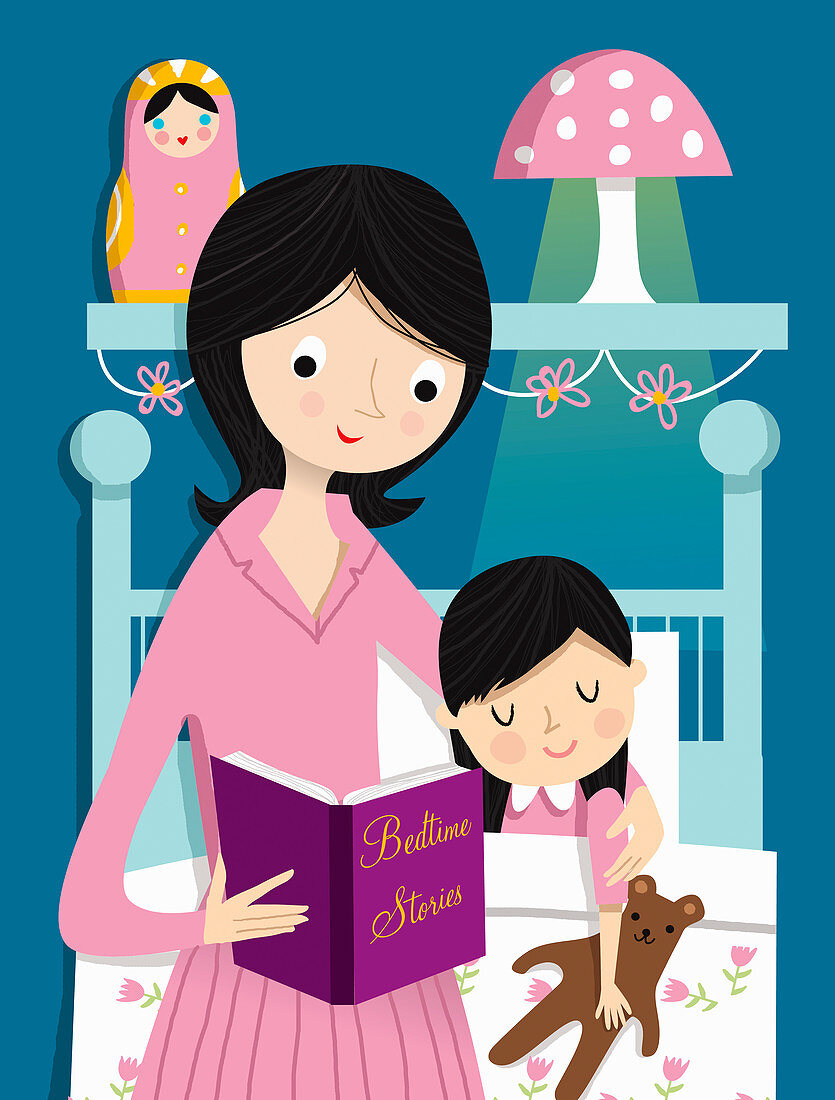 Mother reading bedtime story to daughter, illustration