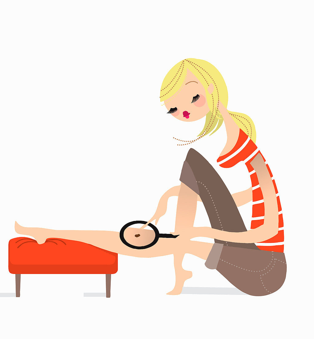 Woman examining spot on leg, illustration