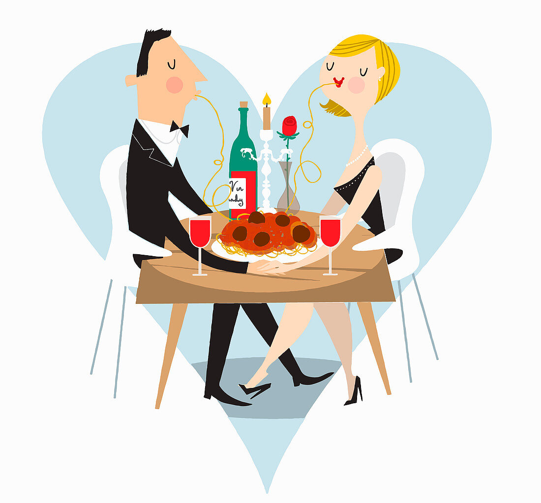 Couple sharing spaghetti at romantic meal, illustration