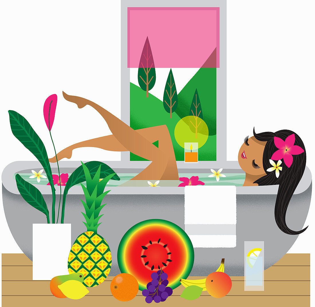 Happy woman in bathtub surrounded by fruit, illustration