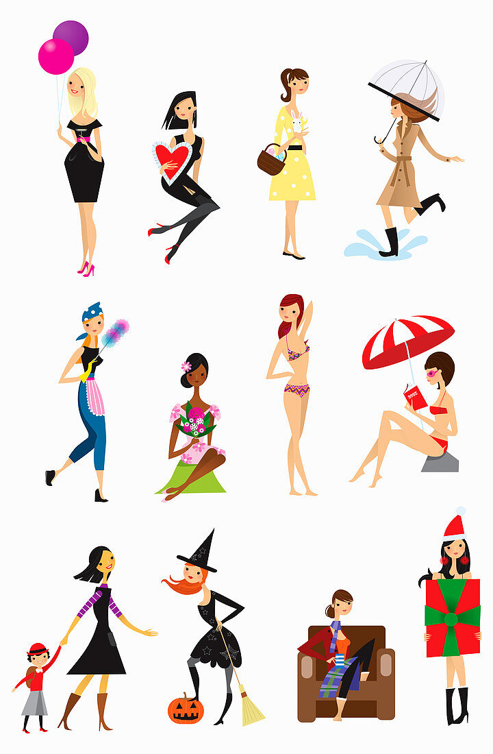 Twelve poses of woman, illustration