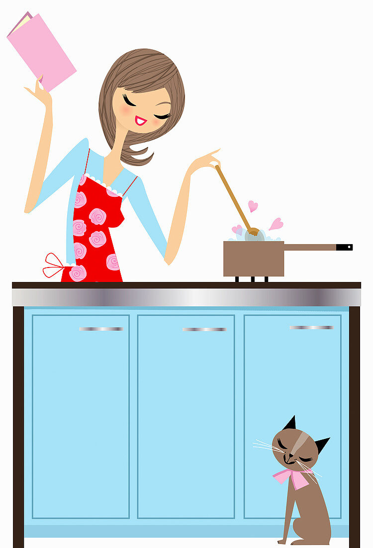Happy woman cooking with love, illustration