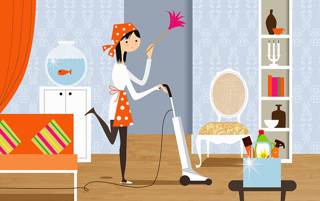 Happy woman doing housework, illustration