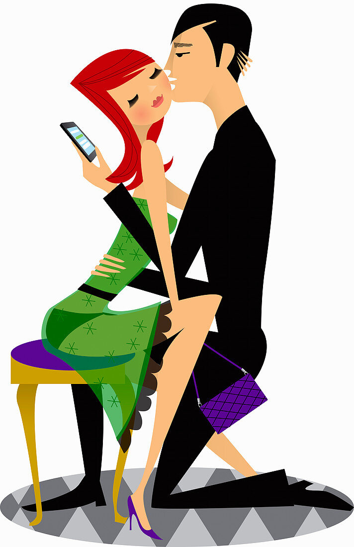 Man kissing woman and checking cell phone, illustration