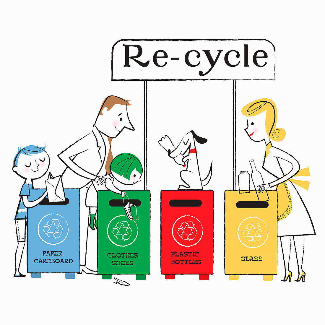 Family using recycling bins, illustration