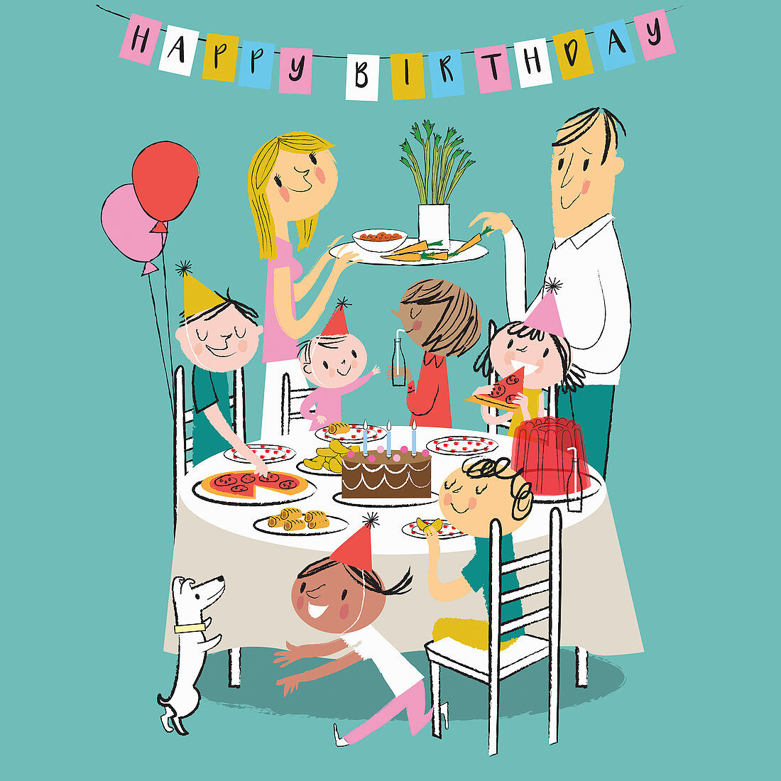 Children eating at birthday tea party, illustration