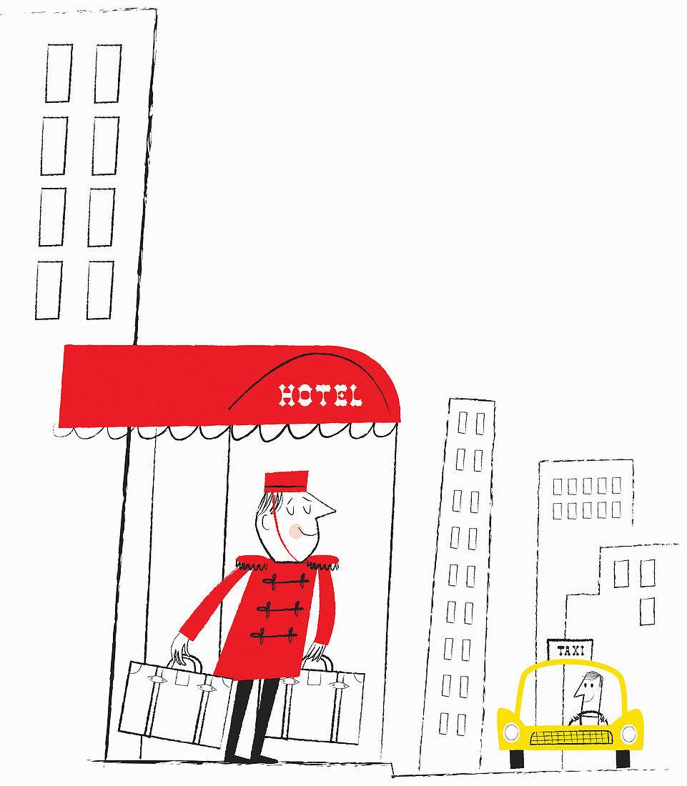 Bell boy carrying suitcases, illustration