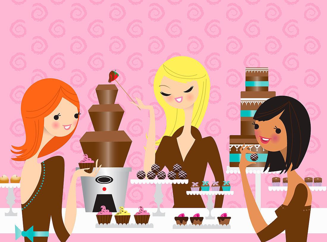 Young women enjoying eating chocolate together, illustration