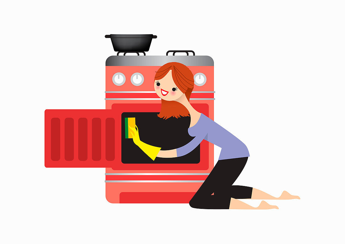 Woman cleaning oven, illustration