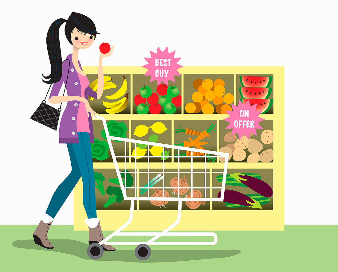 Young woman shopping for fruit and vegetables, illustration