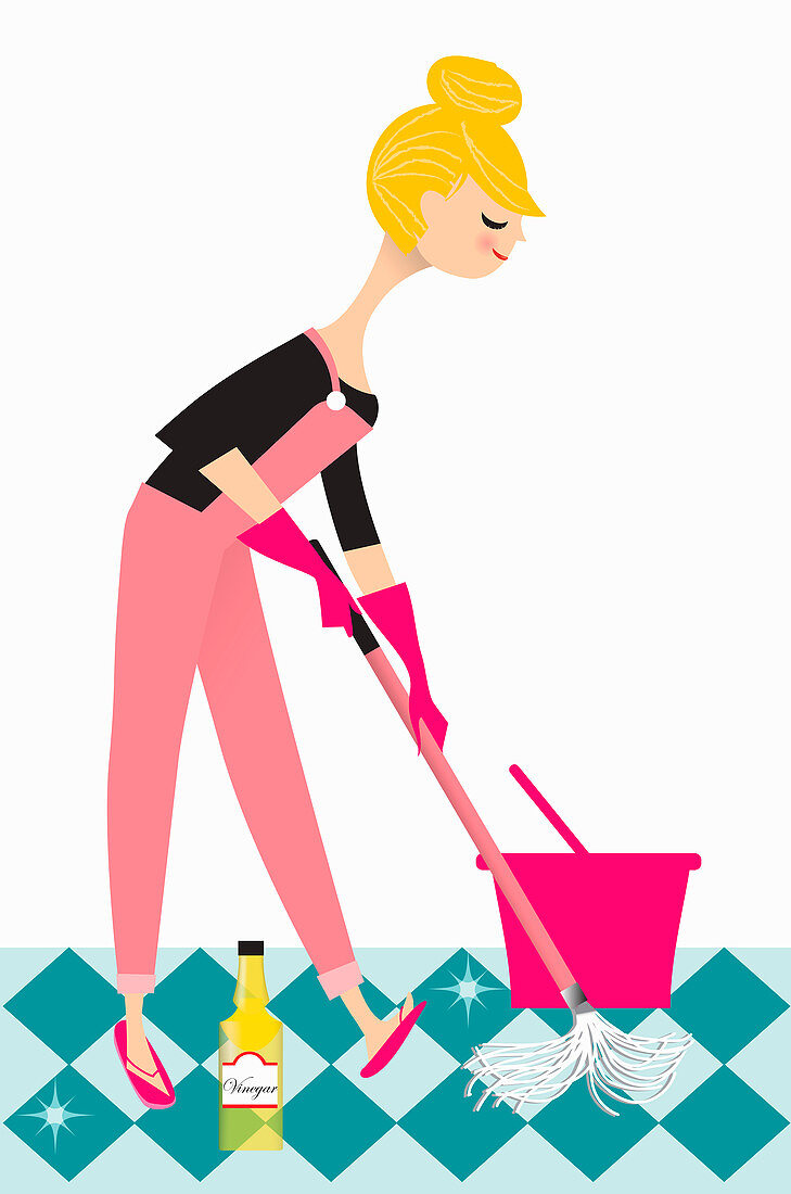 Woman mopping floor with vinegar, illustration