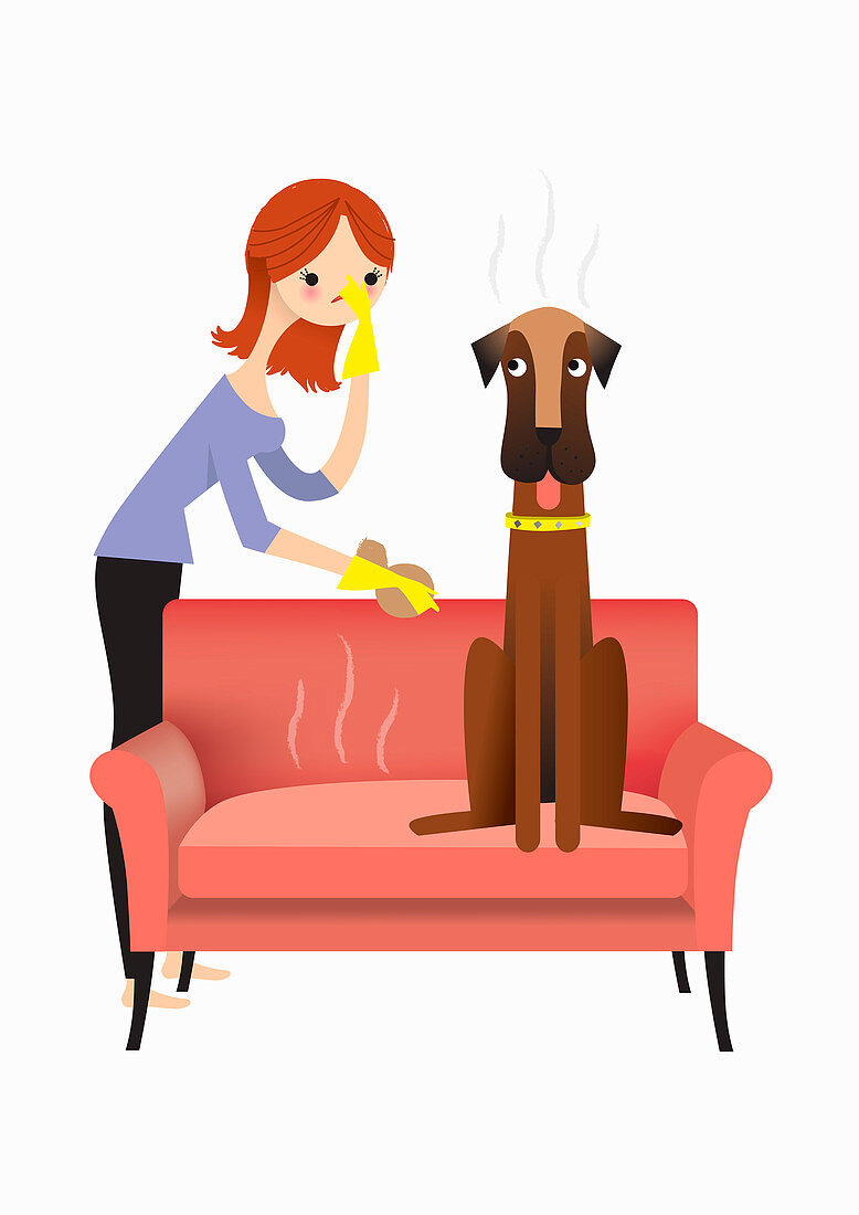 Woman approaching smelly dog, illustration