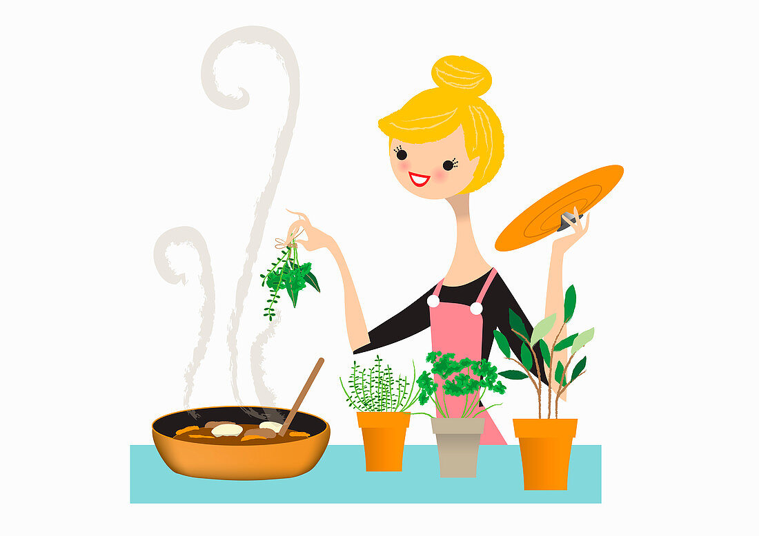 Woman adding fresh herbs to pan, illustration