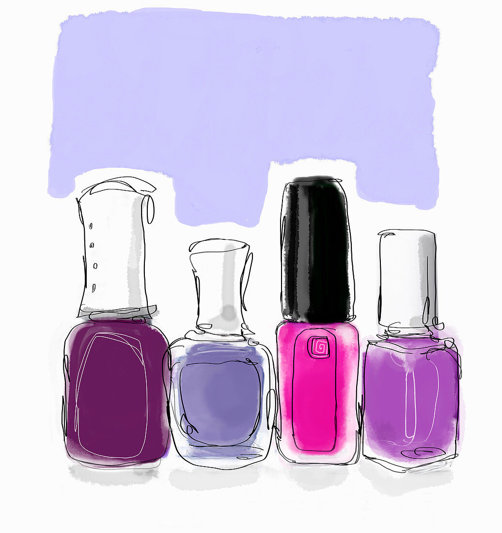 Pink and purple nail varnish bottles in a row, illustration