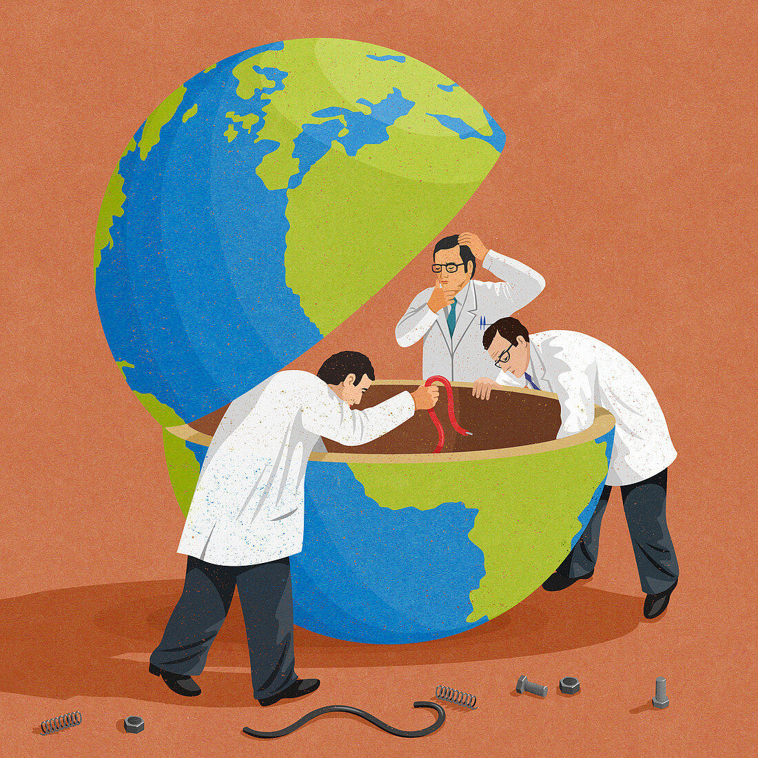 Puzzled scientists mending broken globe, illustration