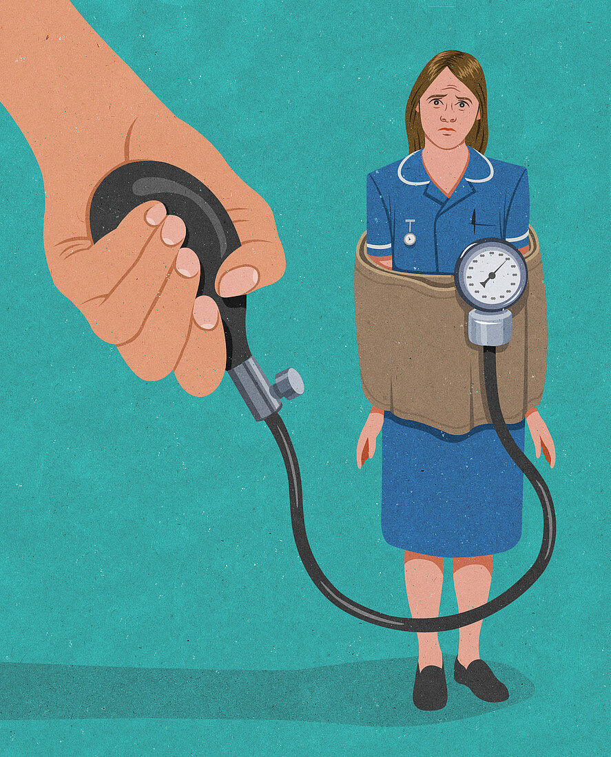 Stressed nurse trapped in blood pressure cuff, illustration