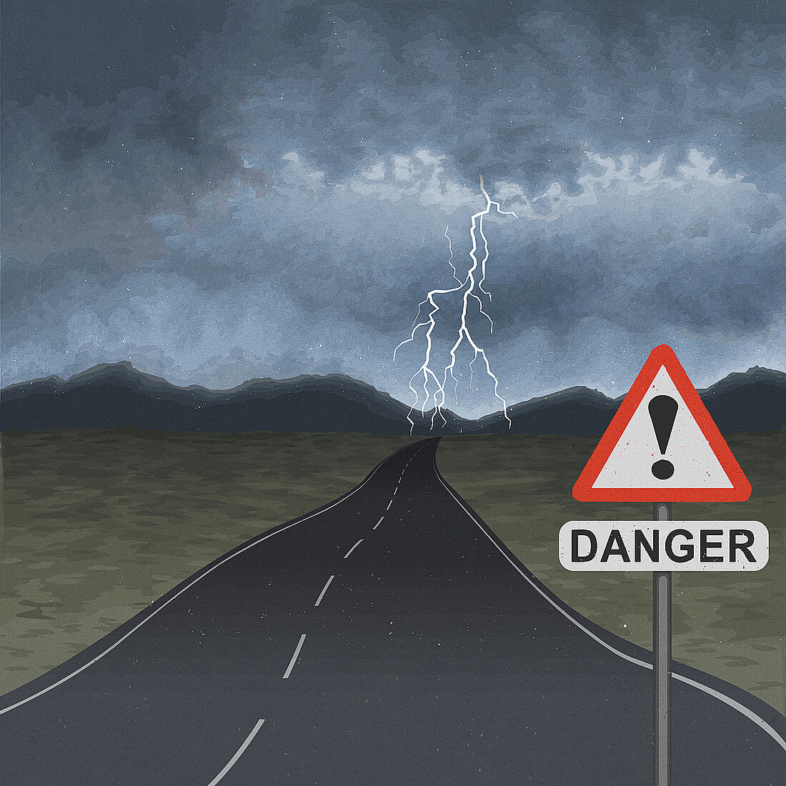 Empty road with storm ahead, illustration
