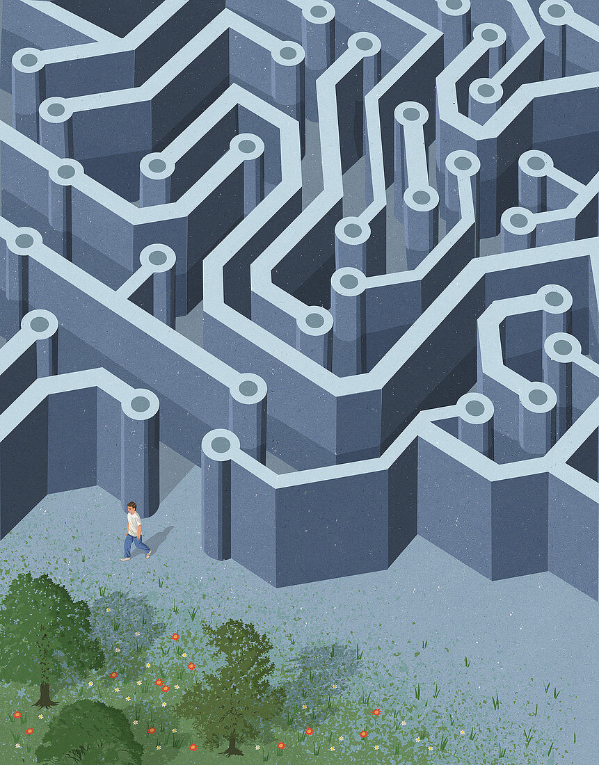 Teenager leaving circuit board maze, illustration