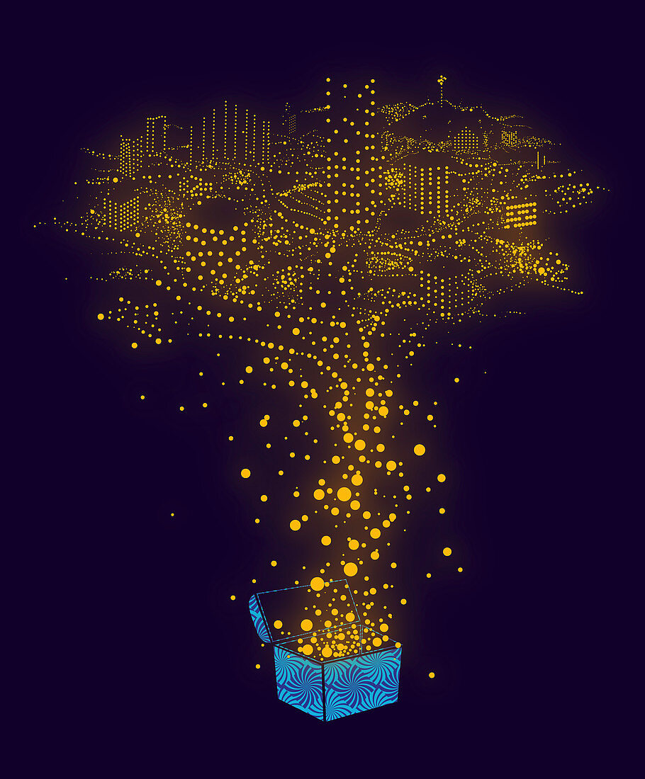Illuminated dots forming city, illustration
