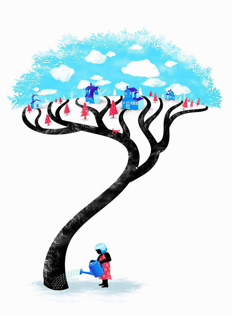Woman watering village tree, illustration