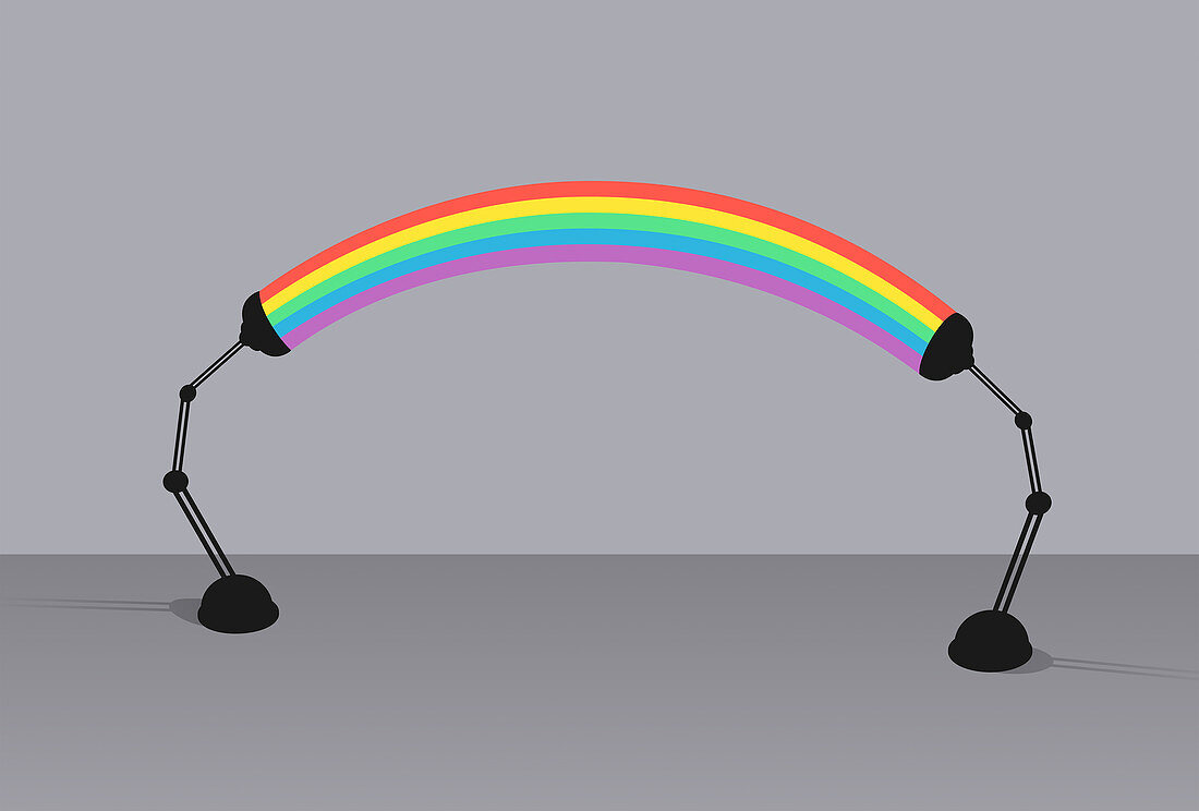 Rainbow arc connecting two desk lamps, illustration