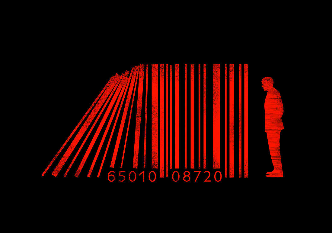 Businessman standing beside barcode lines, illustration