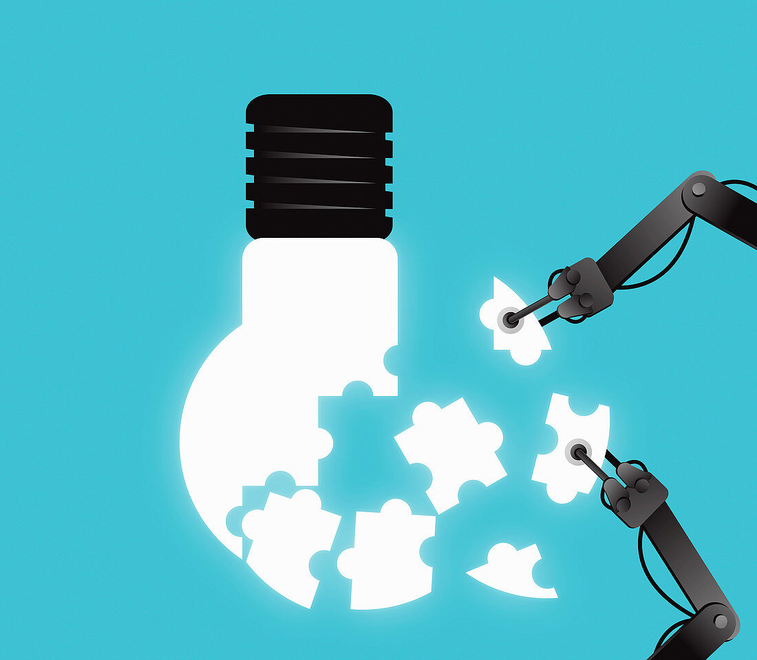 Robot arms assembling jigsaw pieces into bulb, illustration