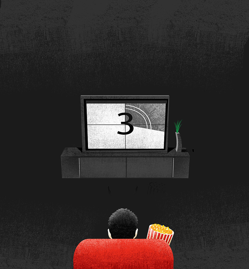 Man with popcorn watching television, illustration