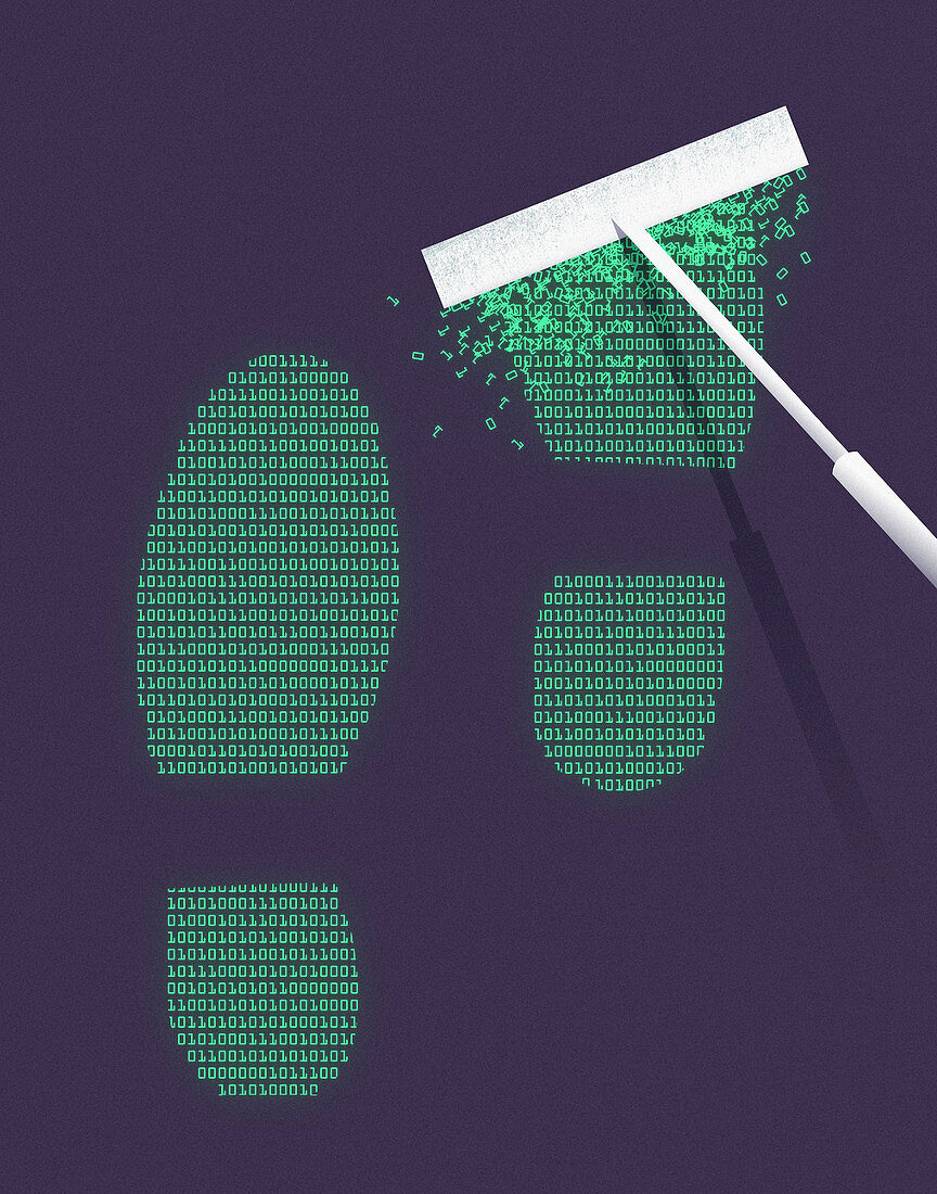 Squeegee erasing binary code data footprint, illustration