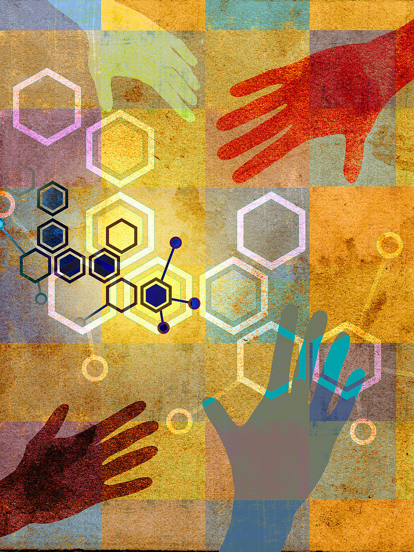 Hands reaching out and connecting shapes, illustration