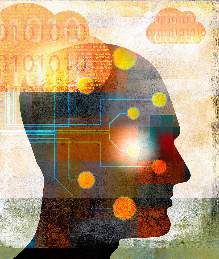 Circuit board connecting head to cloud, illustration