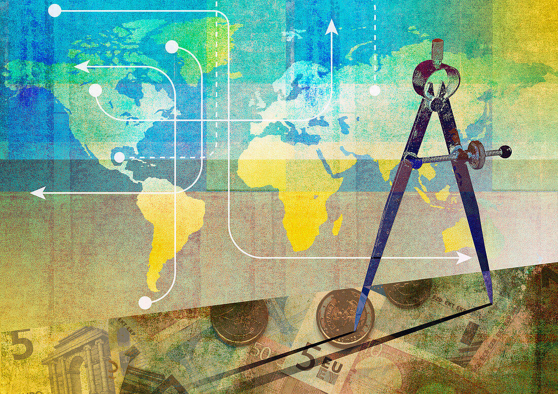 Pair of compasses measuring the global economy, illustration