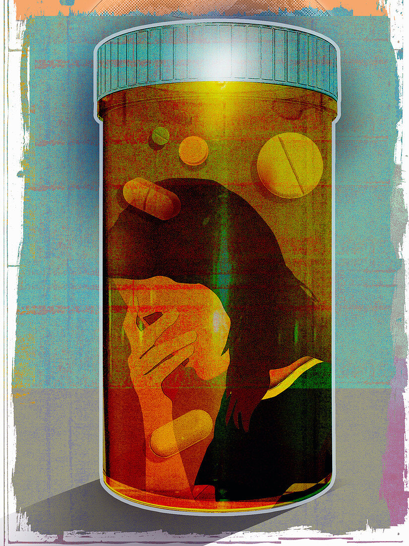 Depressed woman trapped inside bottle, illustration