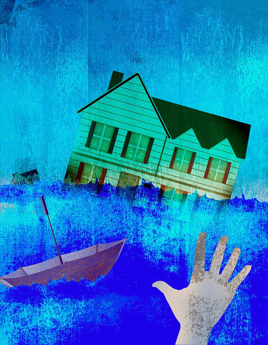 Hand reaching out to house swept away, illustration